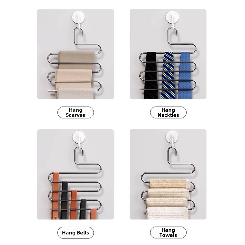 5pcs Stainless Steel Pants Rack Five-Layer Anti Slip Storage Rack Multi-Functional S-shaped Design Multi-Layer Hanger