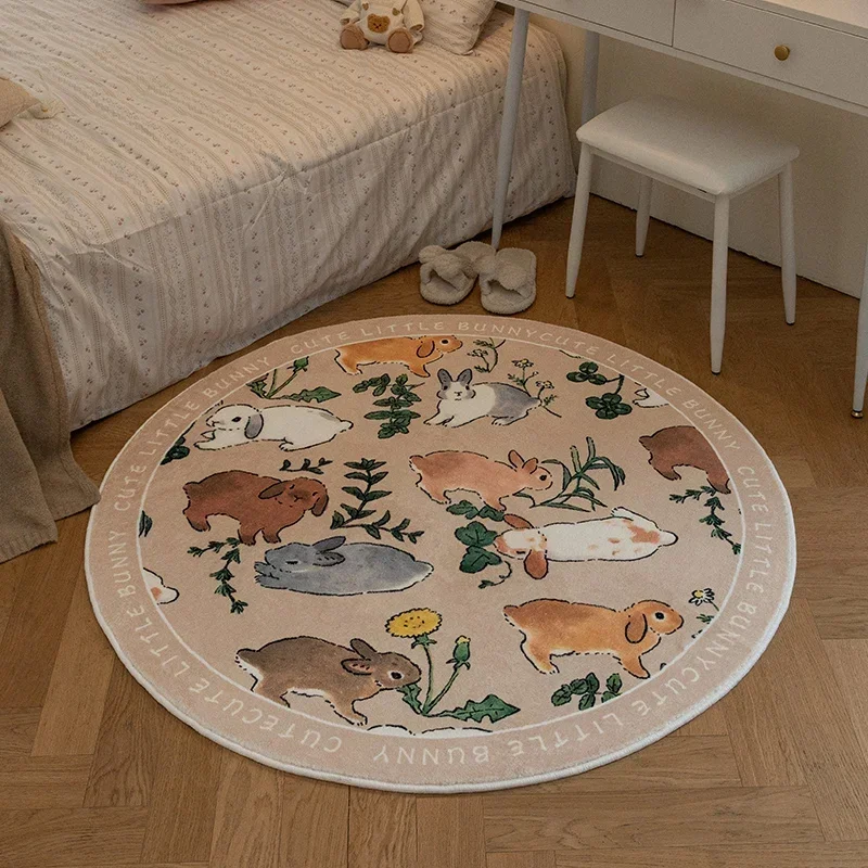 

French Living Room Large Area Carpet Home Girl Bedroom Cute Carpets Round Rabbit Bedside 2023 New Non Slip Dirty Resistant Rug