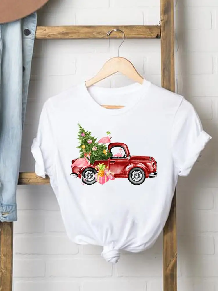 

Симпатичная Милая Повседневная Женская одежда в стиле грузовика с Новым годом, женская футболка с графическим принтом и круглым вырезом, Рождественская модная футболка, футболка