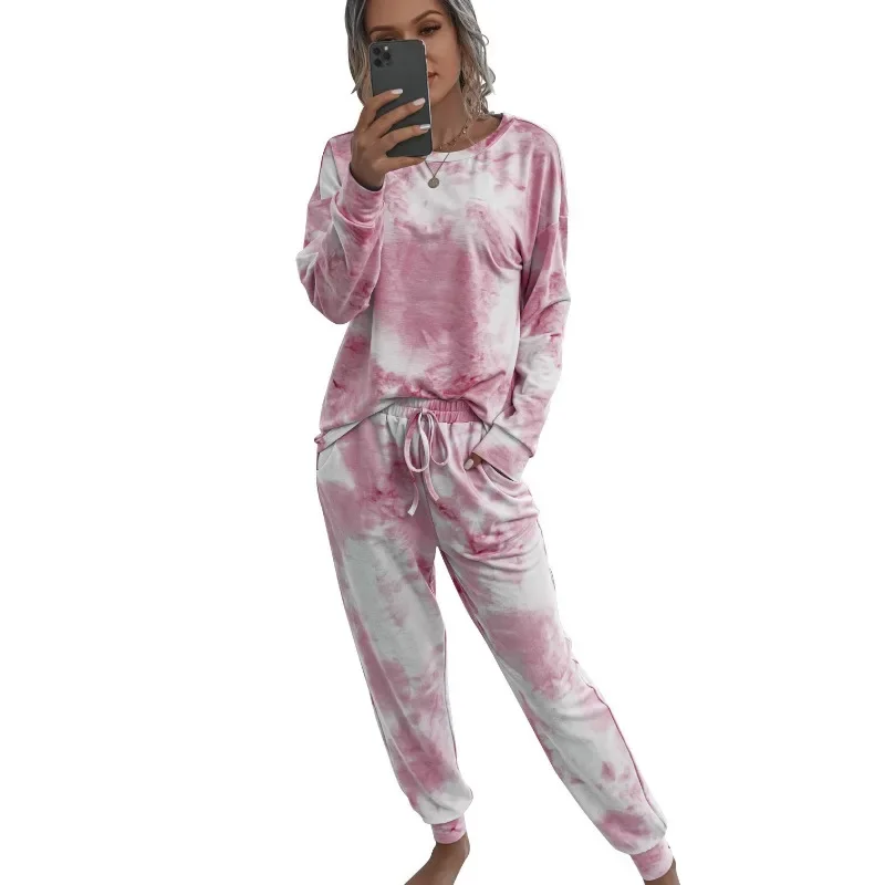Womens Tie Dye Printed Long Sleeve Tops and Pants Long Pajamas Set Joggers PJ Sets Nightwear Loungewear
