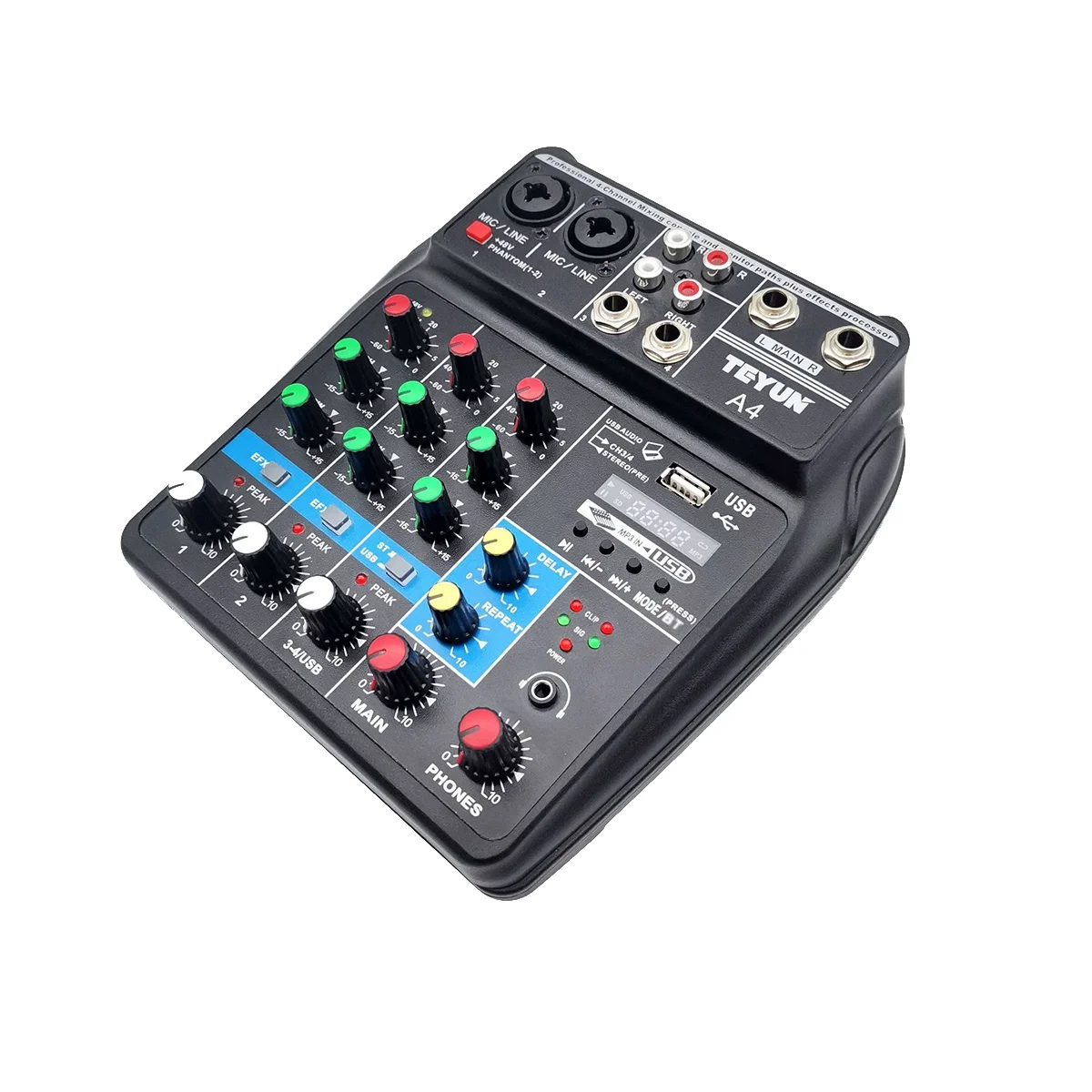 

TEYUN A4 Sound Mixing Console USB Audio Mixer KTV Microphone Recording Effects 4 Channels Phantom Power Delay EU Plug