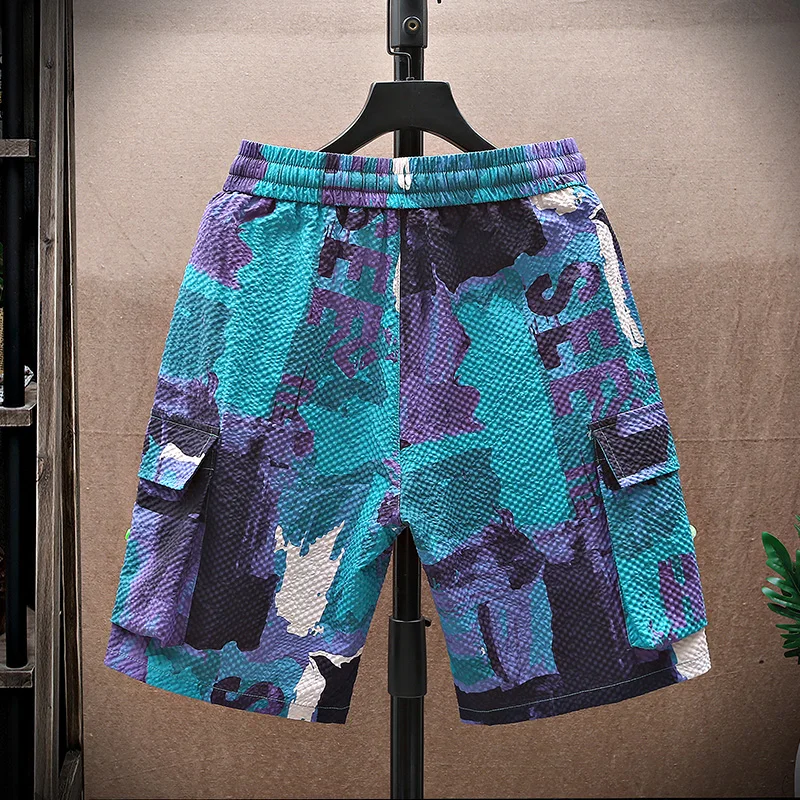 Casual 2024 Summer Men's Loose Shorts Hip Hop Streetwear Tie-Dye Drawstring Knee-Length Pants Sport Elastic Waist Jooger Trouser