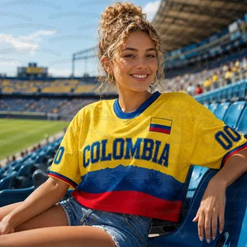 Summer 2026 New Women's COLOMBIA Print Football Jersey Round Neck Short Sleeve Jersey Cheerleaders Crop Top T-shirt