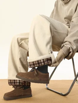 Retro American Plaid Wide Leg Corduroy Pants Casual Rolled Edge Loose Straight Leg Autumn Trendy Brand Sports Long Pants for Bot