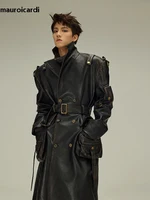 Mauroicardi Spring Autumn Long  Distressed Black Pu Leather Trench Coat Men Belt Double Breasted Luxury European Fashion 2023 1
