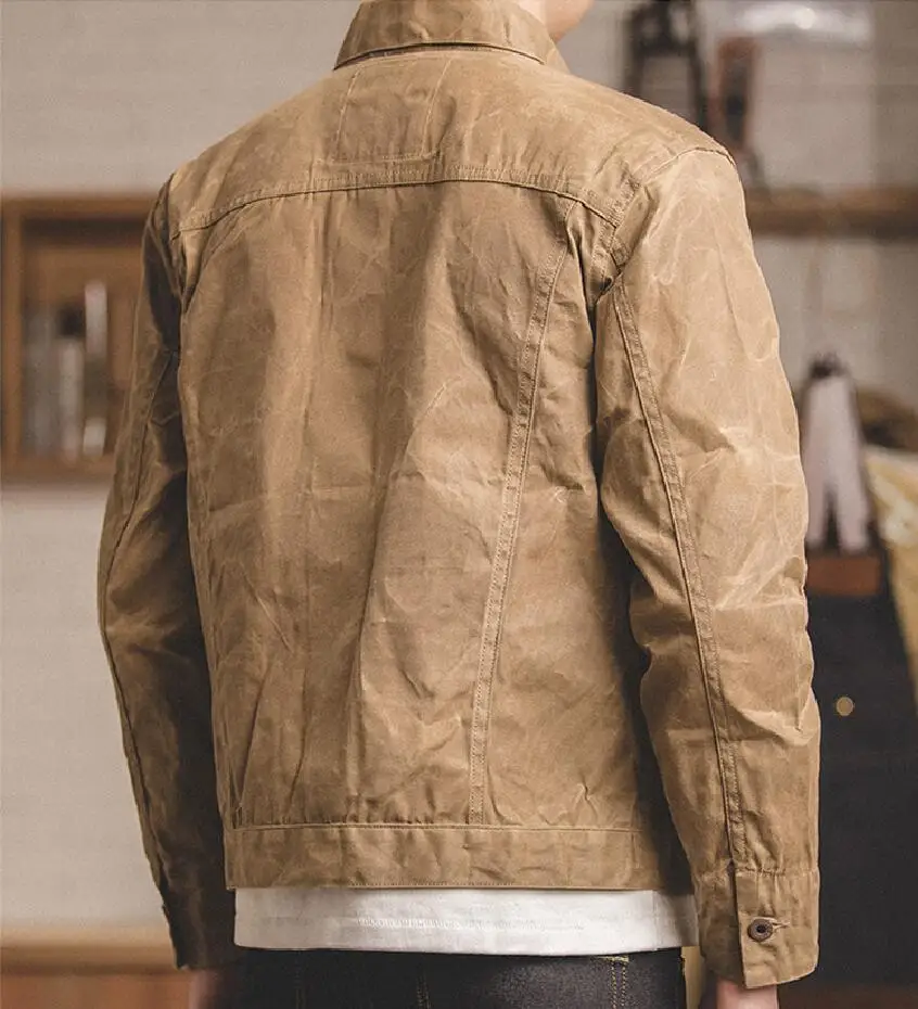 Maden Men's Canvas Oil Wax Jackets Khaki Vintage Multi-pocket Lapel Collar Single-breasted Jacket for Male Autumn Clothing Tops 4