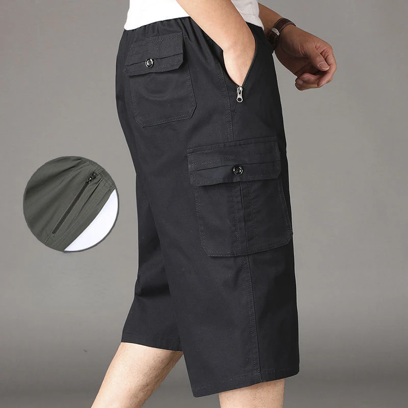 Men's Summer Shorts Cargo Pants Thin Cotton Middle-aged Casual Large Size Knee Length Multi-pocket Zipper Elastic Waist Shorts