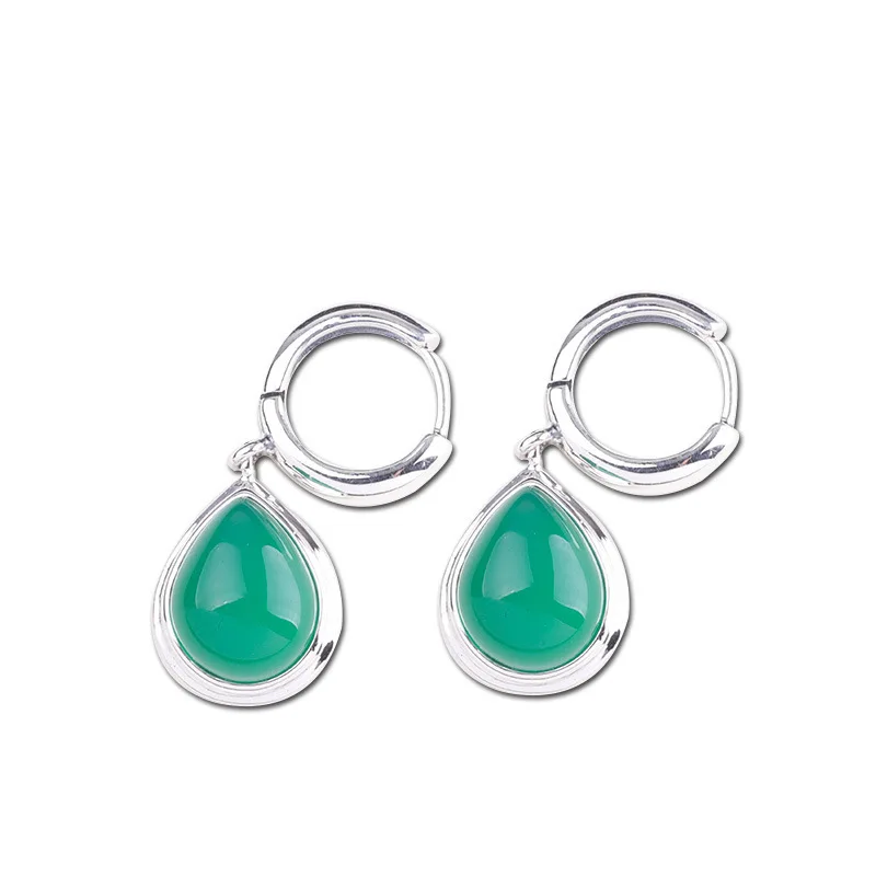 100% 925 Sterling Silver retro Feng Shui drop shaped green jade earrings