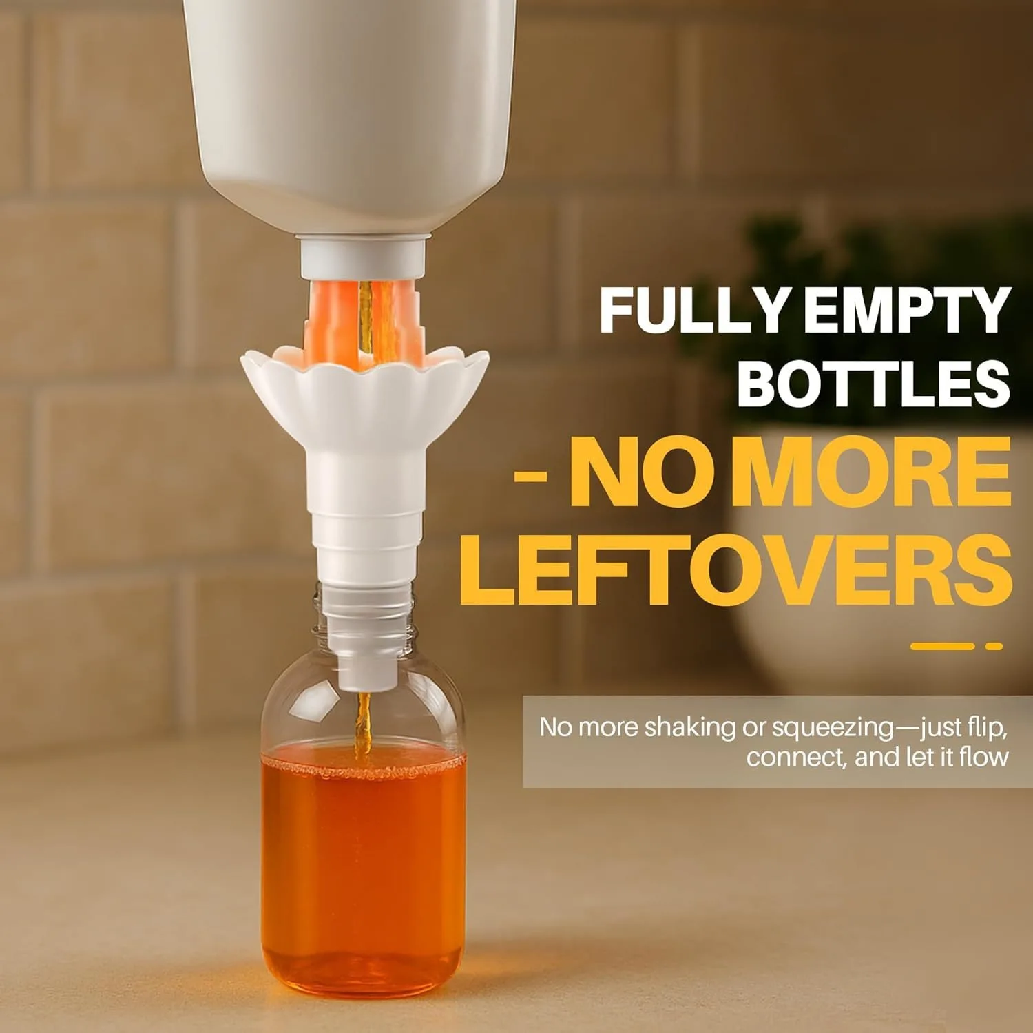 Universal Bottle Emptying Kit - Reusable Liquid Transfer Connector with No Waste Funnel Adapter, Compatible with Soap, Shampoo