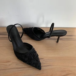 Elegant Mesh Embroidered Floral High Heel Sandals - Summer Slingback Pointed Toe Pumps - 38 (MCZ - R black)