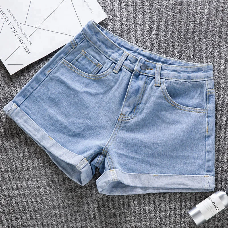 

High Waist Denim Shorts for Women Summer Wide Leg A-Line Cuffs Slim Versatile Hot Pants Harajuku Teens Jean Fashion Mokijins