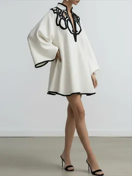 2026 New Hollowed V-neck Mini Dress for Women Flared Sleeves Pleated Dress Spring Stylish Contrast Trims Elegant Party Dress 3