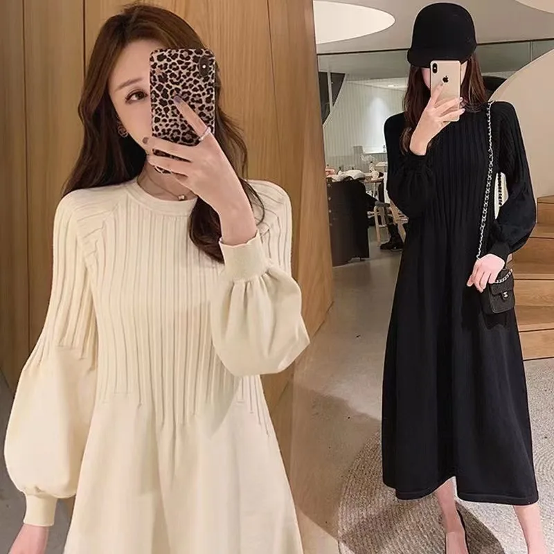 

Elegant Maternity Knitting Dresses Autumn Winter Clothes For Pregnant Women 2022 New O-Neck Solid Patchwork Pregnancy Vestidos