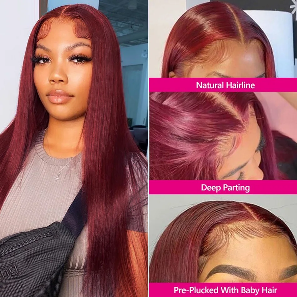 99J Burgundy 13x6 Colored HD Lace Front Wig Human Hair Wigs PrePlucked Premium Red Peruvian Straight Lace Frontal Human Hair Wig - Image 4