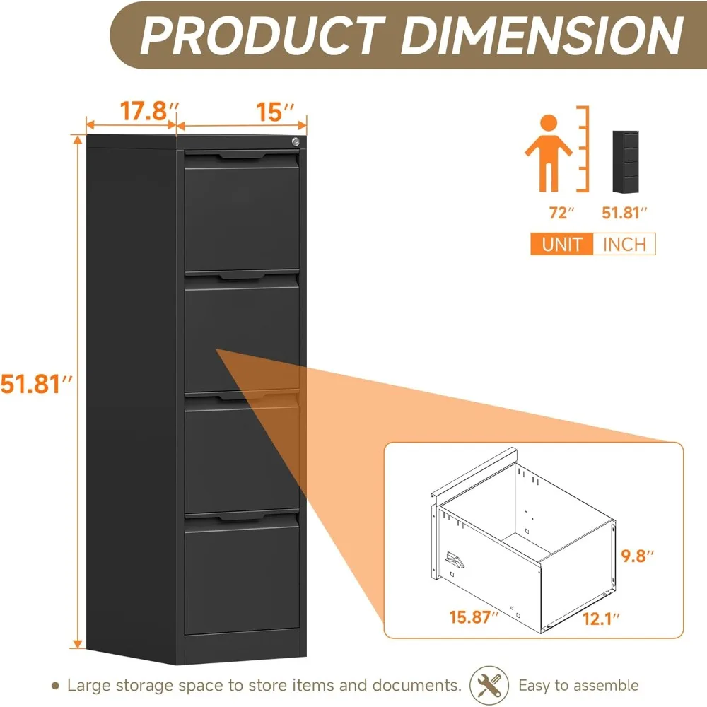metal file cabinet with lock, 4 drawer filing cabinet for home office, locking vertical filing cabinet for a4/f4/lagel/letter a
