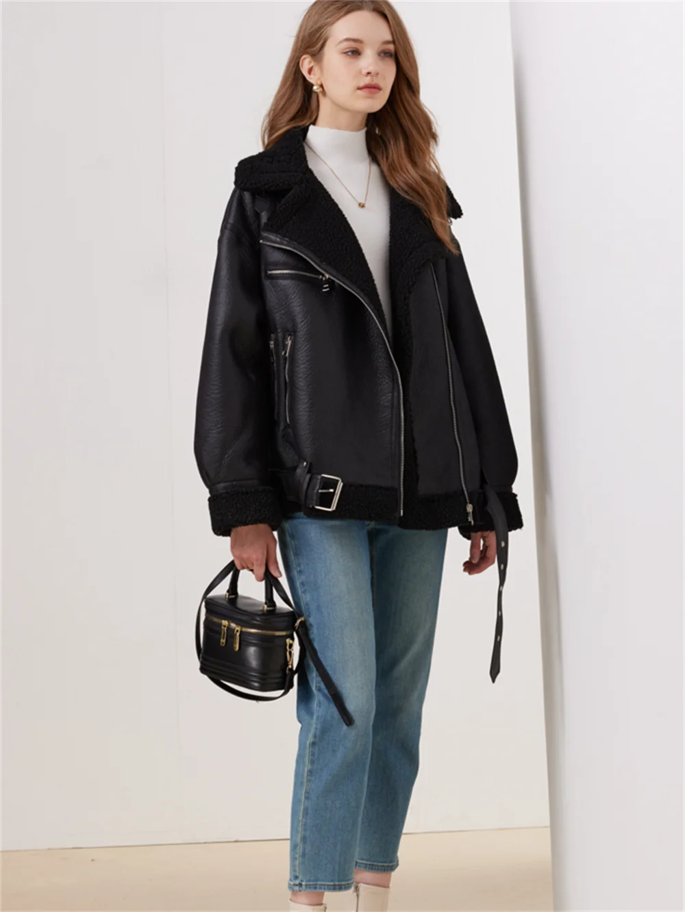 

ZACK RAIN Women Black Faux Leather Jacket Coats 2023 Fall Locomotive Wind Ladies Turt Leneck Coats Female Retro Loose Outwears