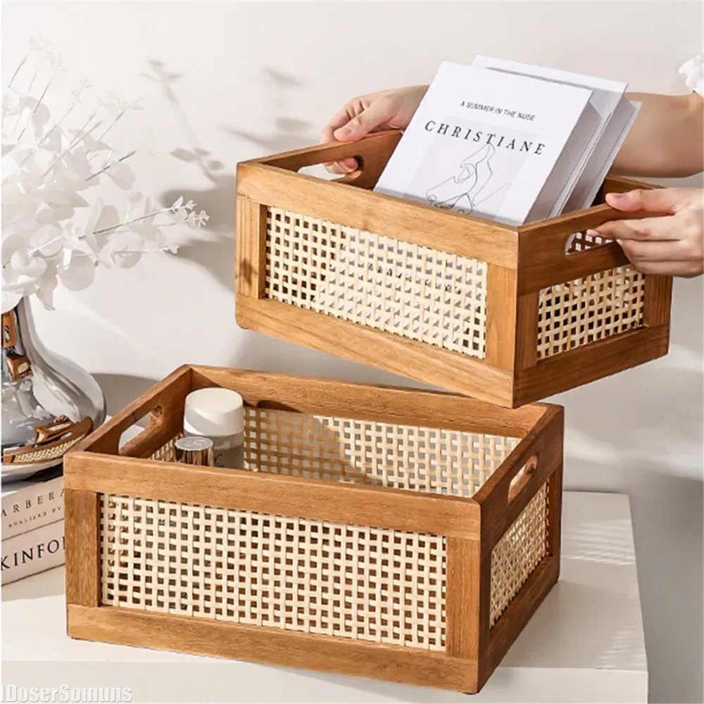 

Retro Rattan Storage Box Solid Wood Basket Snacks Cosmetics Sundries Holder Organizer for Kitchen Desktop Decor Space Saving