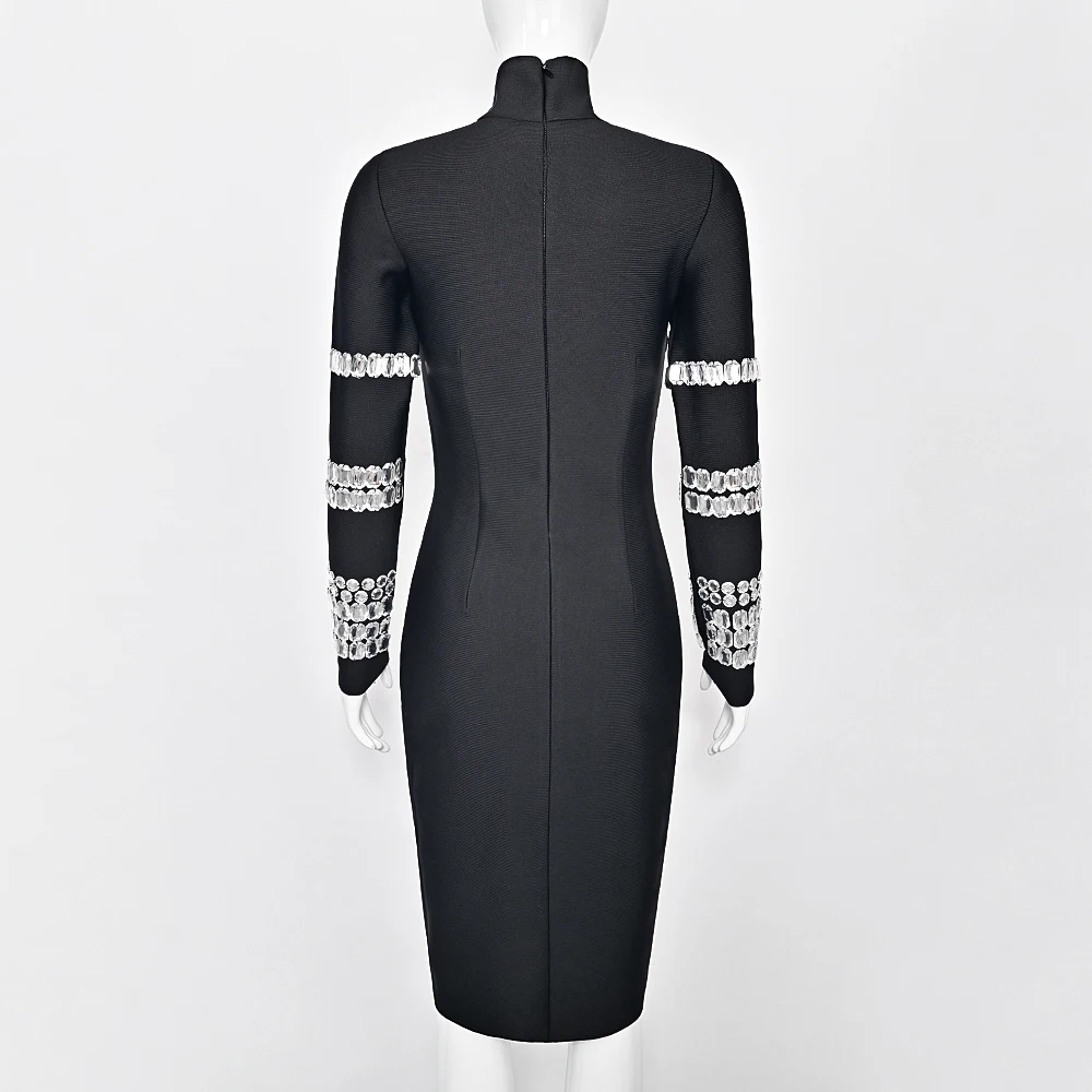 BEAUKEY Luxurious Diamond Women's Bandage Long Sleeve Dress Evening Glitter Party Dress For Ladies Black Winter One Piece Dress