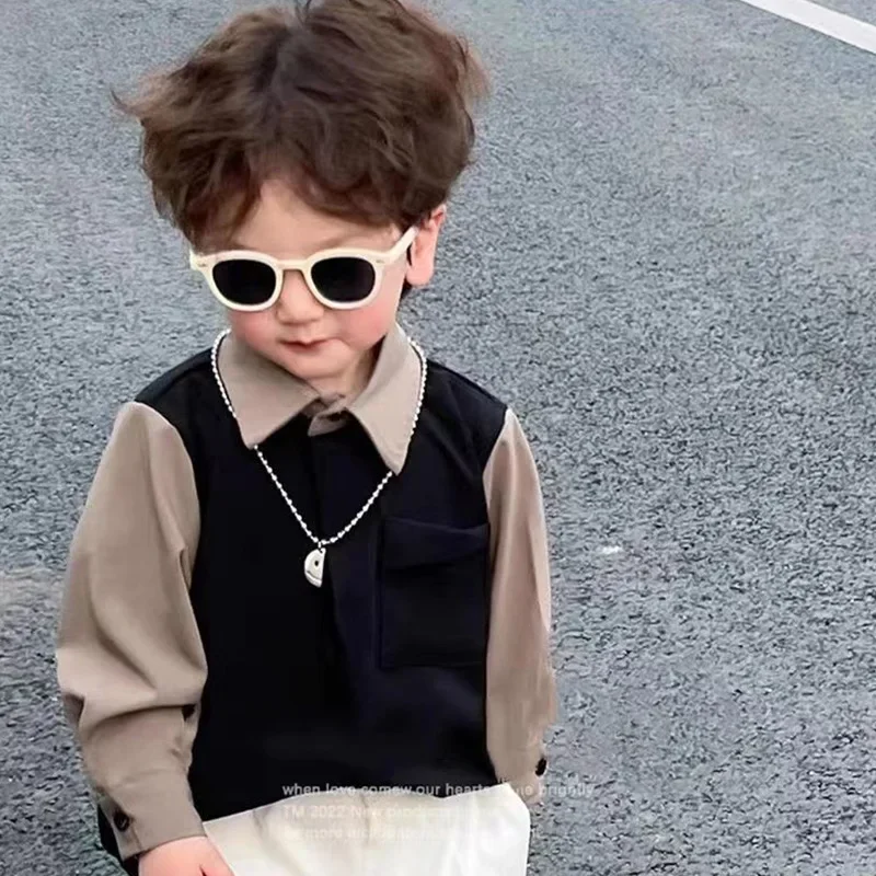 Boys Color Block Shirt British Style Trendy Streetwear Spring Kids Clothing Small Children Shirt Handsome