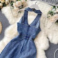 Women Summer Denim Jumpsuits Halter Backless Double Buttons High Waist Wide Leg Youth Jean Jumpsuit Rompersman - Image 6