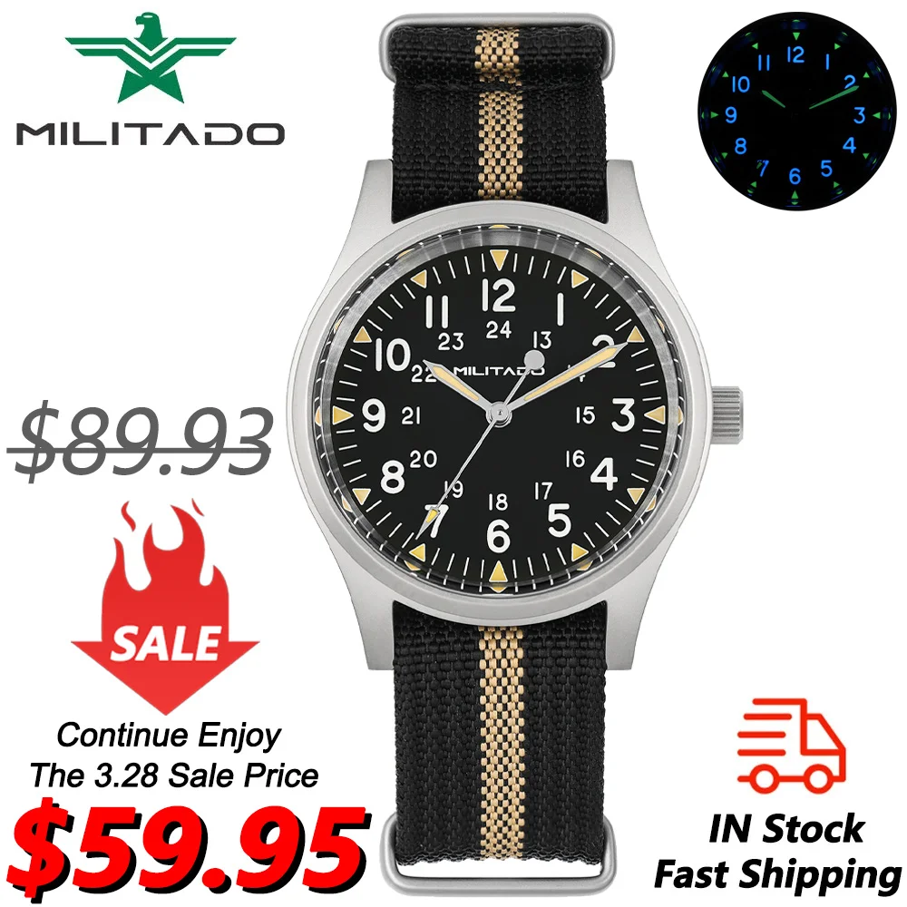 Militado ML02 Quartz Movement Watch 36mm Domed Sapphire Crystal Wristwatch Super Luminous 100m Waterproof Sport Watches PK RA03