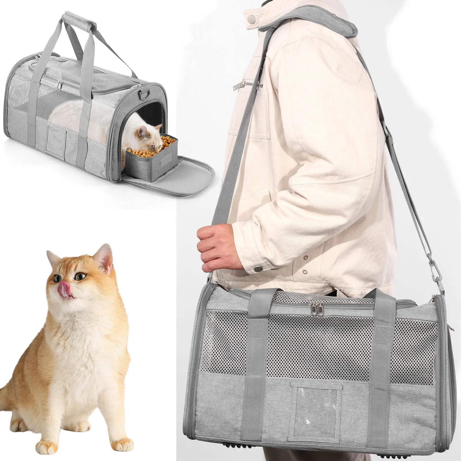 Cat Carrier Bag Oxford Cloth Foldable Pet Carrier Cage Breathable Portable Dog Crate Bag with Food Bowl Shoulder Strap