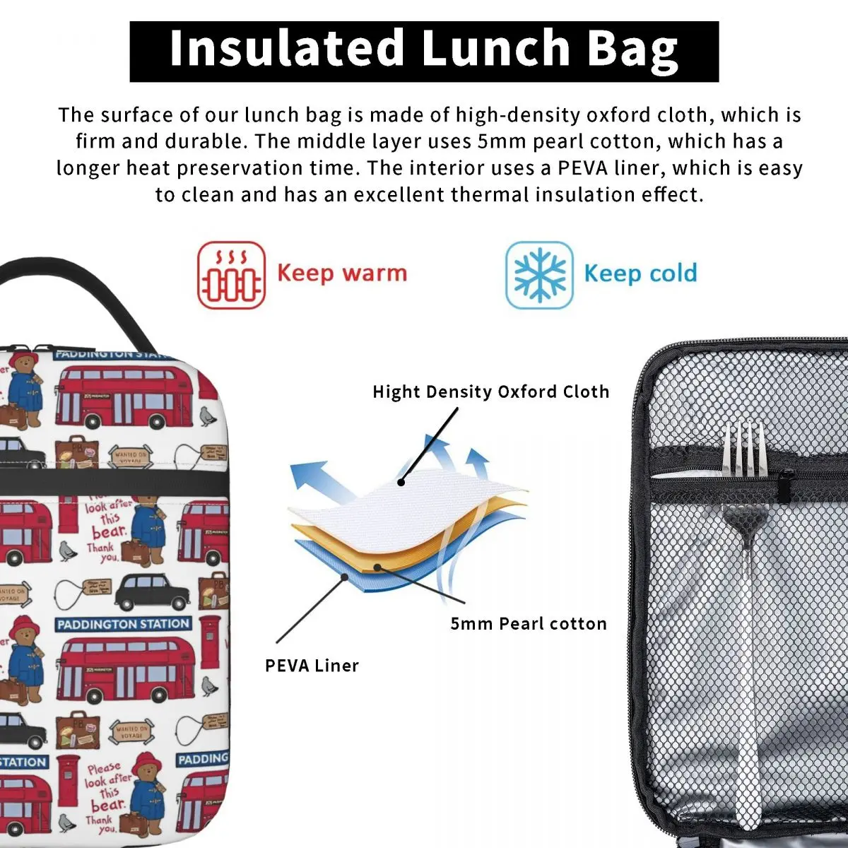 Paddington Brown Bear Merch Insulated Lunch Bags For School Storage Food Boxes Portable Cooler Thermal Lunch Boxes