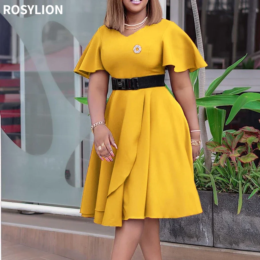 

Girls Summer Short Sleeve Loose Large Size A-line V-neck High Waist Pleated Yellow Dress with Belt Women Ruffled Dress Elegant
