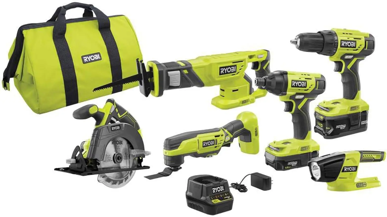 

Combo Kit (Drill/Driver,Impact Driver,Reciprocating Saw,Circular Saw,Multi-Tool,LED Worklight,4.0Ah&1.5Ah Battery,Charger,Bag)