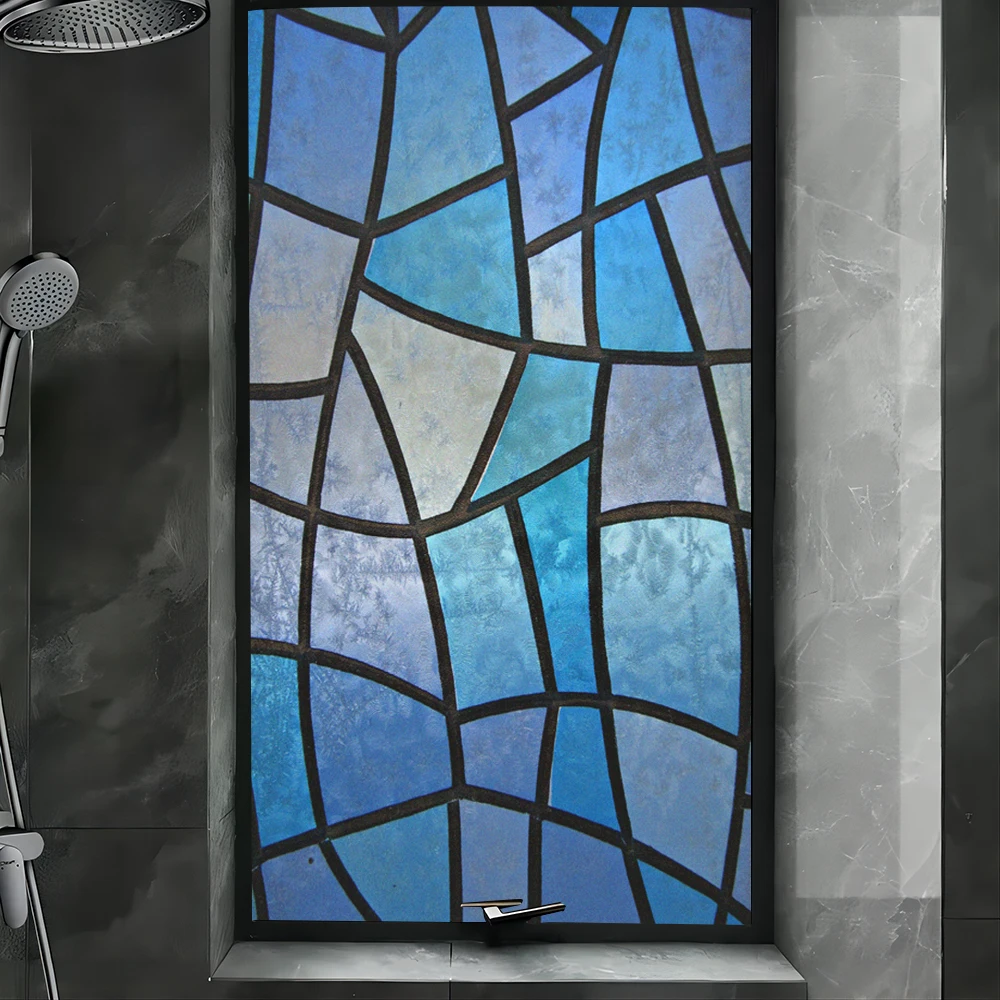 

Privacy Glass Window Frosted Decorative Film Blue Check Pattern Sun Blocking Glue-Free Static Cling Stained Glass Door Sticke