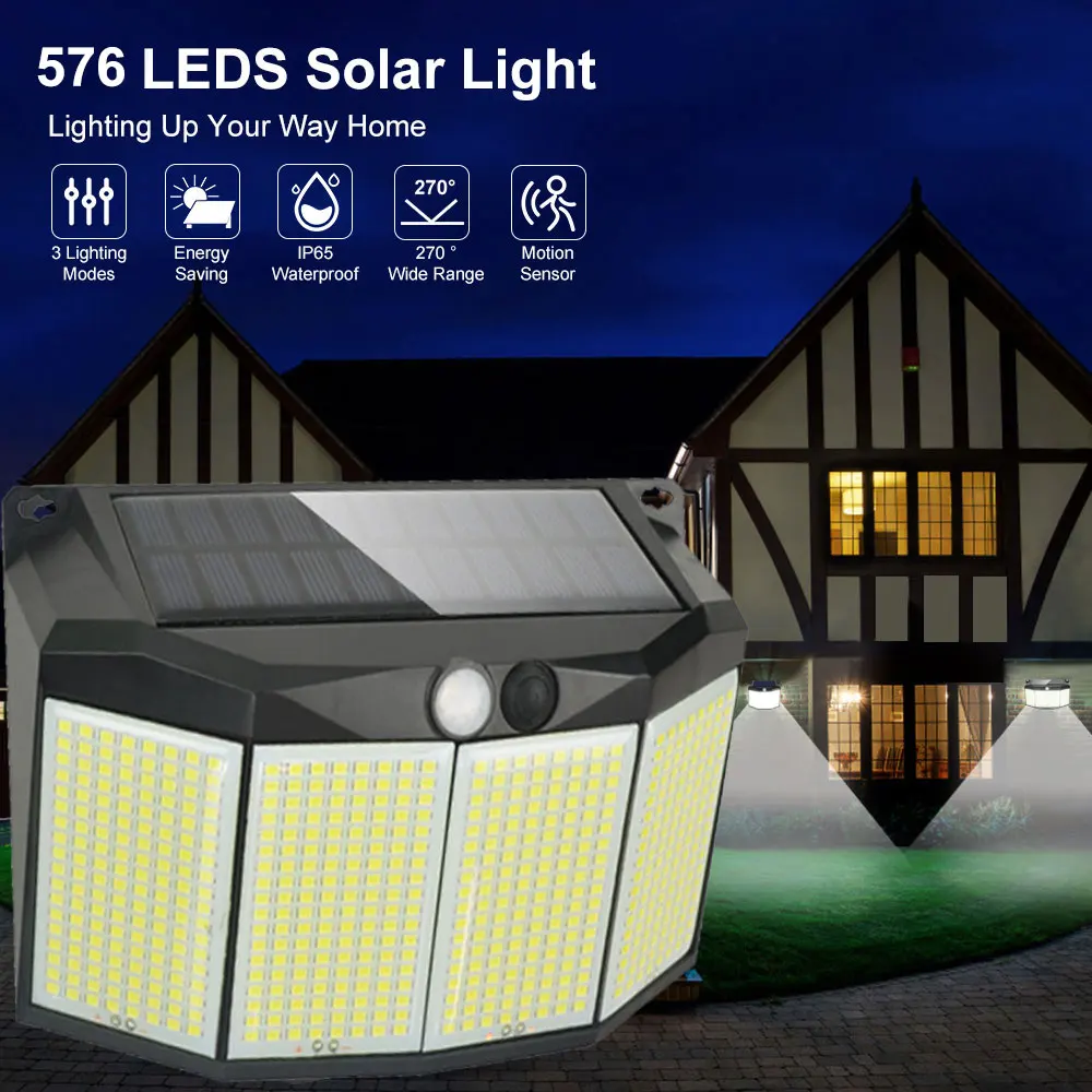 Solar Wall Lights 576 LED Motion Sensor 3 Modes Outdoor Waterproof Security Flood Lights for Outside Pathway Garden Garage solar lamp solar wall light wall light