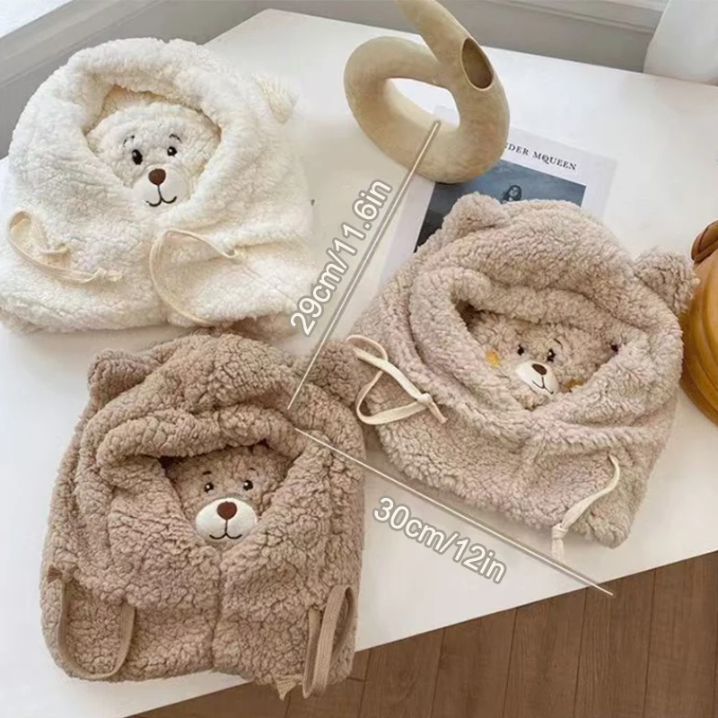 Cartoon Bear Ear Lamb Beanie Hat With Mask Warm Winter Thickened Ear Protection Autumn Skullies Beanies For Women Girl windproof winter hat