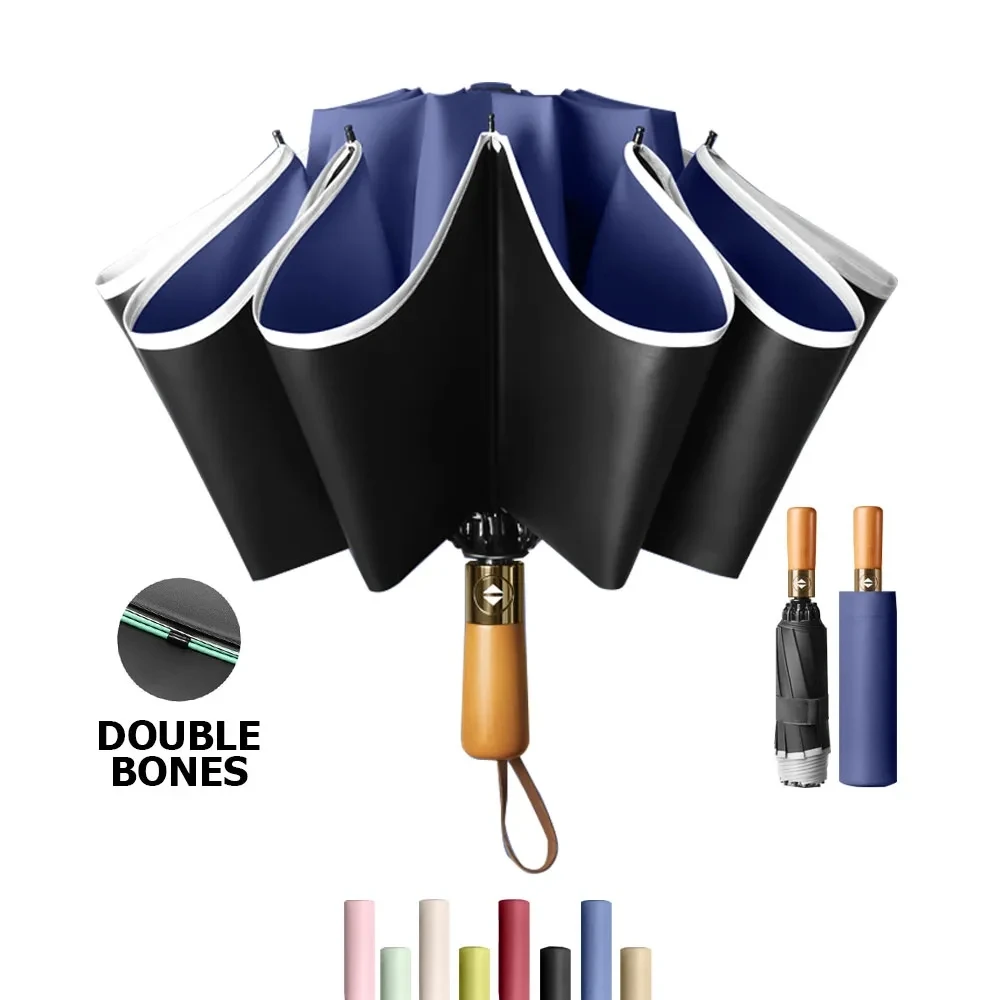 

Новый роскошный зонт для путешествий деревянный 10k с двумя косточками Зонт с обратной отражающей полосой большой Ветрозащитный компактный для бизнеса для мужчин и женщин