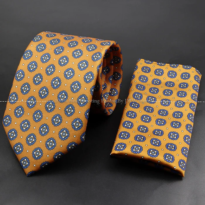 Herrenmode 7,5cm Weiche Seidenkrawatte Set mit Einstecktuch Manschettenknöpfe Boutonniere Blau Grün Orange Gepunktet Blumenmuster Krawatte für Hochzeiten – Detail 35