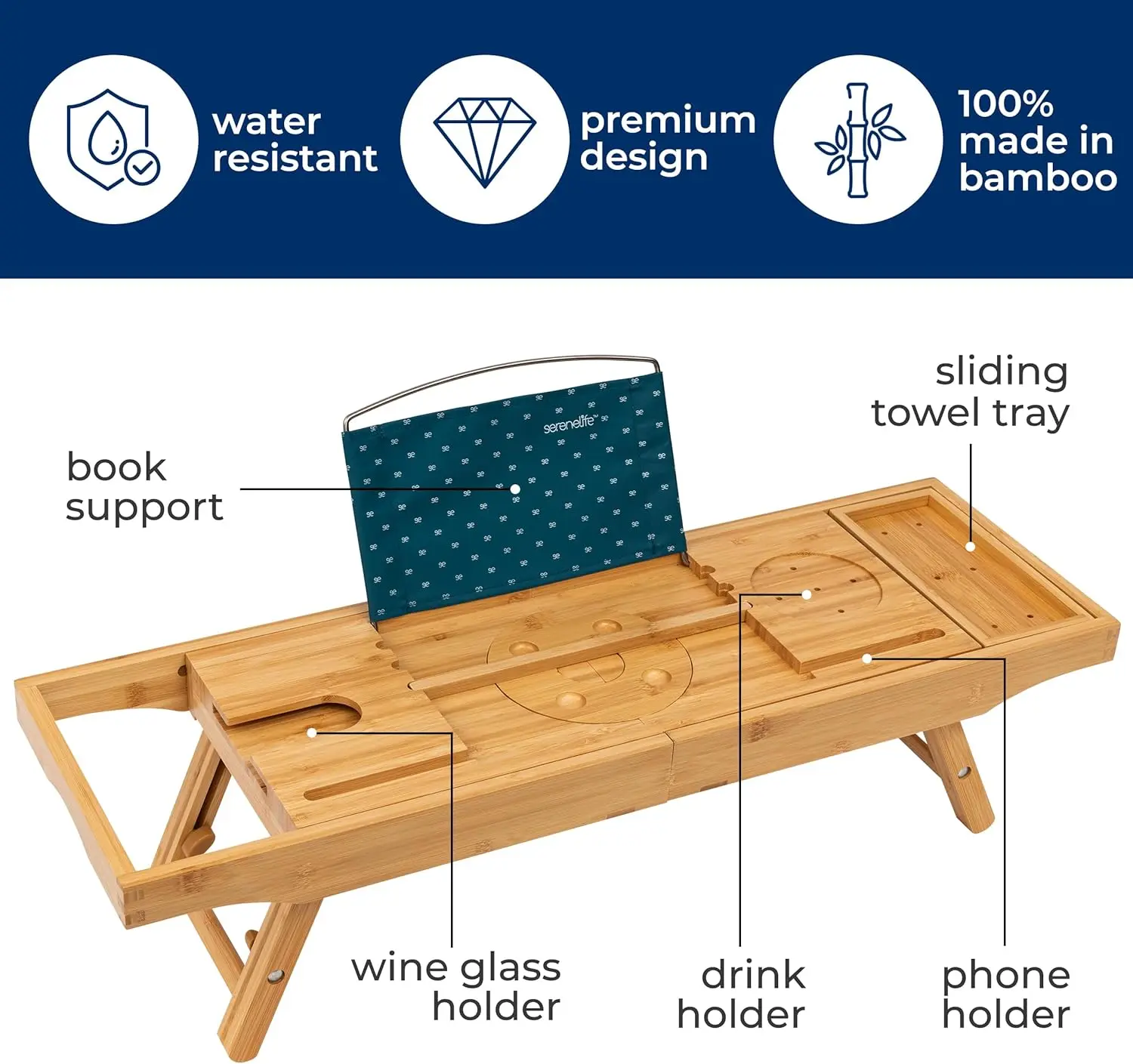 NEW 2 in 1 Bed and Bath Tray - Foldable Bamboo Bathtub Caddy with Adjustable Length, Non-Slip, Device Holder, Wine Glass Slot 5