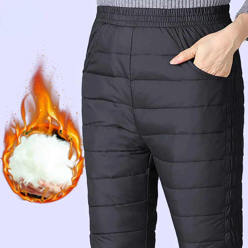 Women Casual Black Windproof Thick Down Pantalones Basic Elastic High Waist Straight Winter Bottoms Oversize 5xl Warm Snow Pants