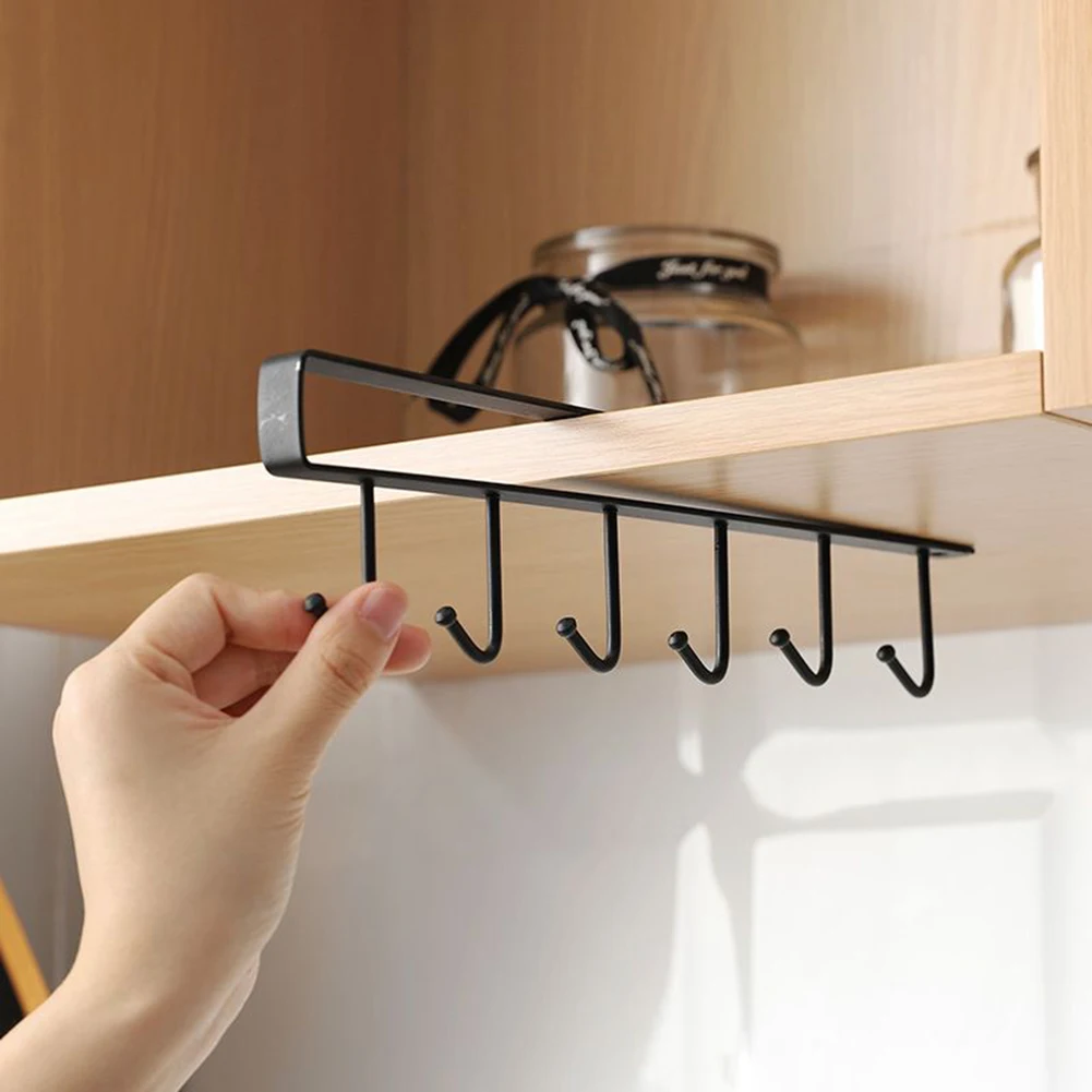 

Kictchen Bathroom Shelf Wardrobe Cabinet Metal Under Shelves Mug Cup Hanger Bathroom Kitchen Organizer Wall Hanging Rack 6 Hooks
