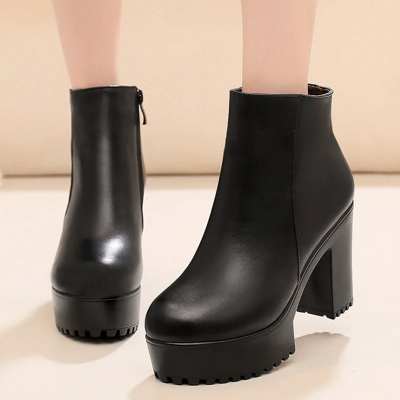 Big Size 43 Hot Sale Women's Boots 2023 Solid High Heel Ankle Boots Platform Quality Fashion Women Shoes Plush Warm Snow Boots
