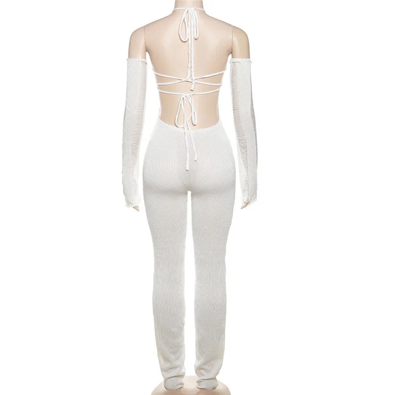 Slim-Fit Halter Strap Knitted Long-Sleeved Jumpsuit Autumn Women's Solid Color Microbomb Hollow-Out Sexy Style Jumpsuit