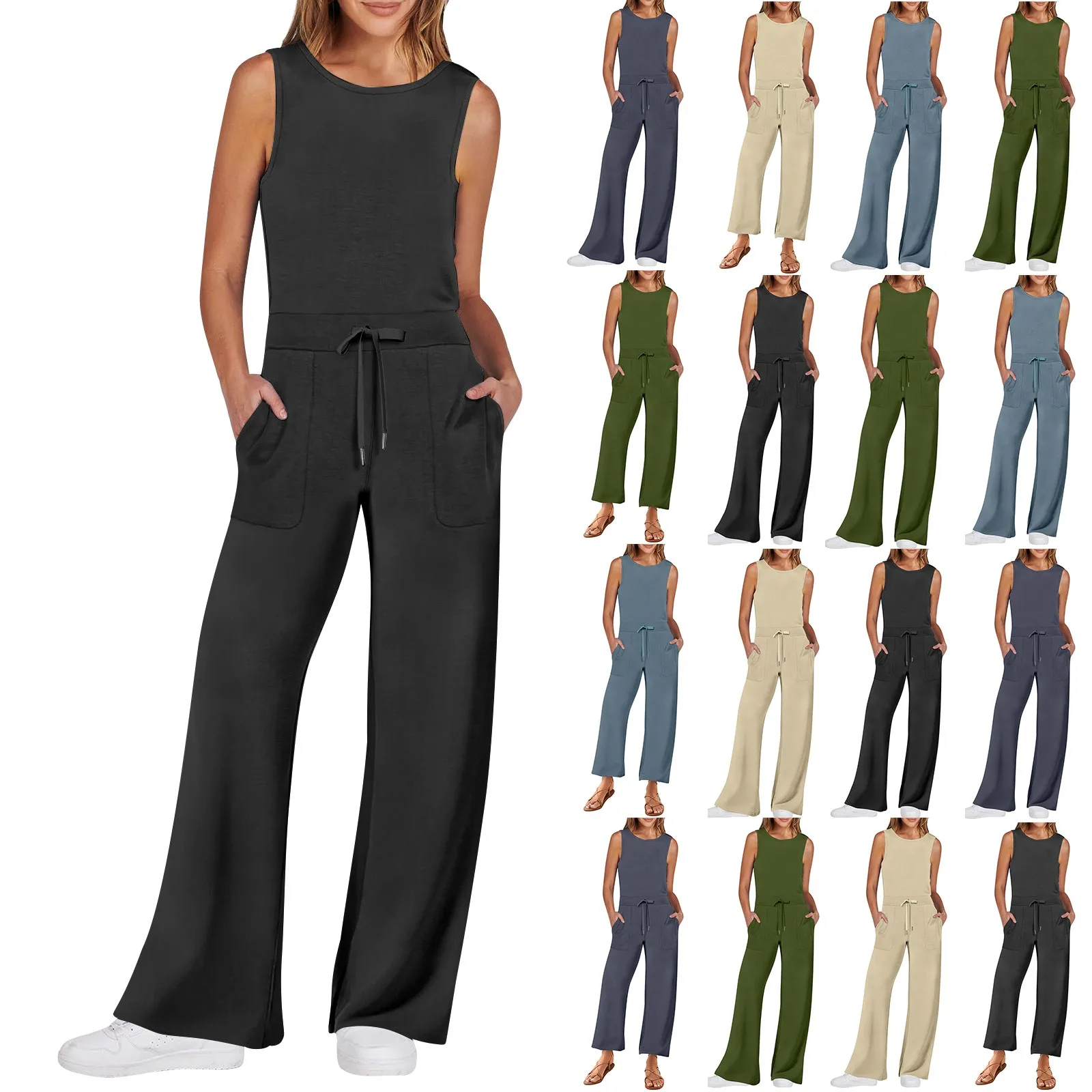 

Office Fashion Waist Lace-up Long Jumpsuits Women Elegant Sleeveless Solid Party Rompers Summer Casual Loose Playsuits Overalls