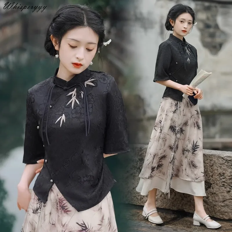 Summer New Improved China Style Blouse Embroidery Slim Short Chinese Shirt Female Black Elegant Retro Tang Suit