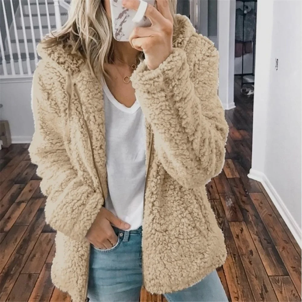 Women's Artificial Rabbit Leather Jacket, Hooded Cardigan, High Waist, Fashion, Long Sleeve, Loose, Slim, 2022 New Series long green puffer coat