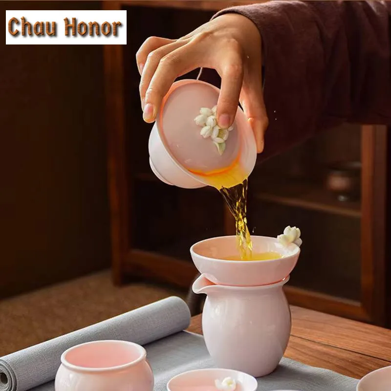 160ml Dehua Lanolin Jade White Porcelain Handmade Flower Kneading Pink Cover Bowl Kung Fu Tea Set Household Tea Bowl Drinkware