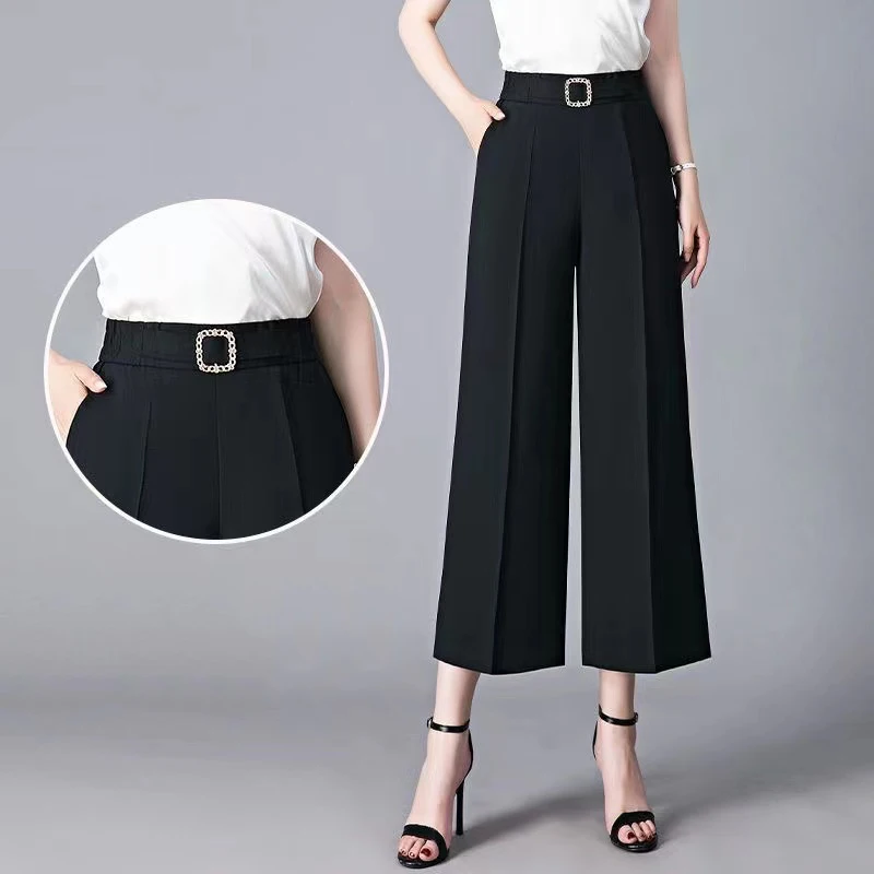 2024 Summer Women Ankle-Length Pants Milk Silk Loose Straight Leg Pants Elastic High Waist Casual Wide Leg Pants