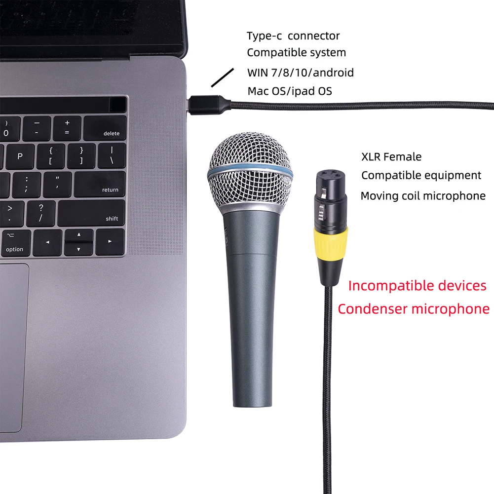 2/3 M Microphone Audio Cable Cord XLR Connector Type C Male To 3 Pin XLR  Female Plug And Play USB 2.0 Drive-free for Computer