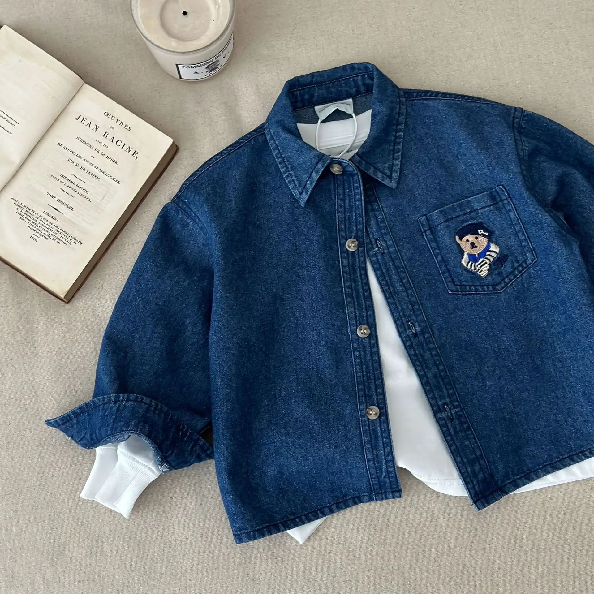 Spring Autumn Boys Casual Cotton Long Sleeve Blouse with Embroidery Bear Two Colors