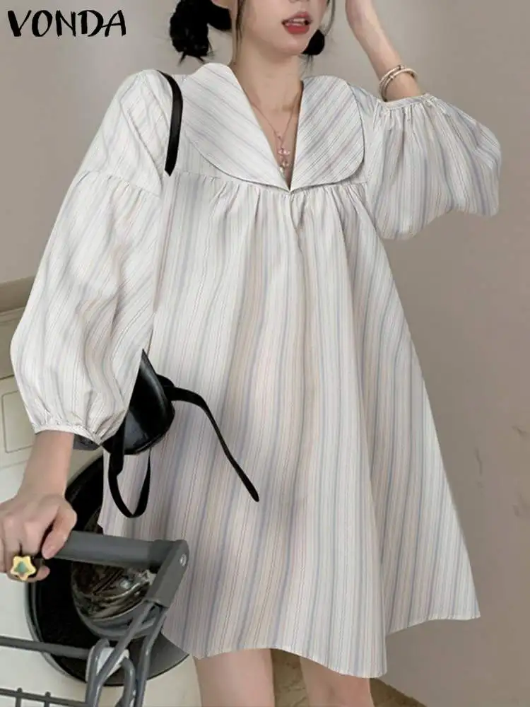 

2023 Short Sundress VONDA Bohemian Mini Dress Women Autumn Long Sleeve Stripe Elegant Loose Fashion Doll Collar Casual Vestidos