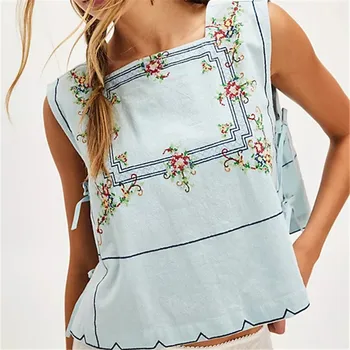 Embroidery Flower Tank Tops for Women Y2K Sleeveless Square Neck Button Front Free Tie Up Cropped Vest Summer Chic Streetwear 1