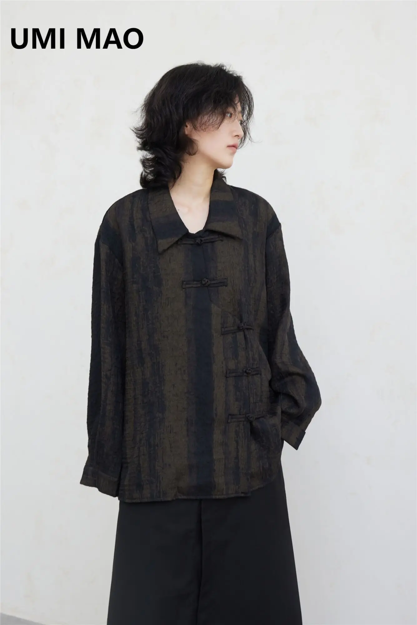 

UMI MAO Yamamoto Dark Top Autumn/Winter New Chinese Texture Pattern Ink Lapel Long Sleeved Men's Women's Shirts Retro Zen Shirt