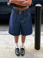 Casual Comfort Wide Leg Denim Shorts Women's Solid Minimalist Pleated Slant Pocket Bermuda Knee Length Jorts Summer Mom Shorts - Image 5